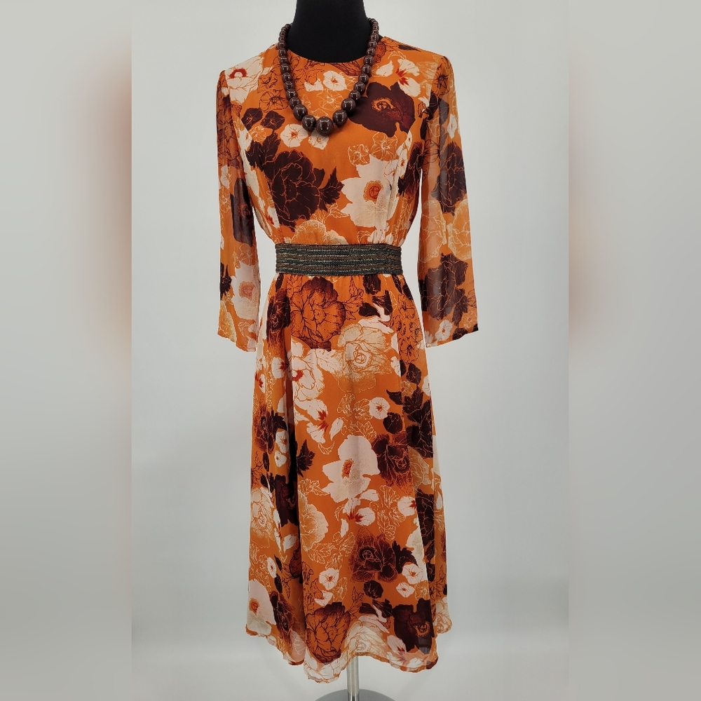 Eva Mendes Orange Floral Mid Calf Flared Skirt 3/4 Sleeve Dress sz. 0